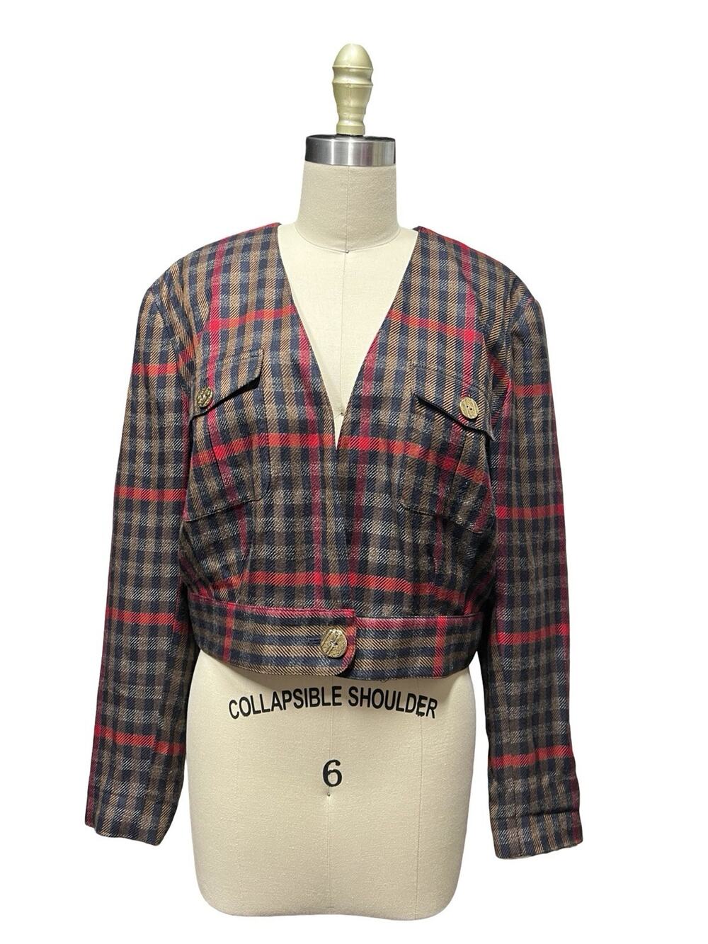 Vintage Plaid Cropped Blazer Gold Buttons Mobwife Dark Academia Office SZ 8
